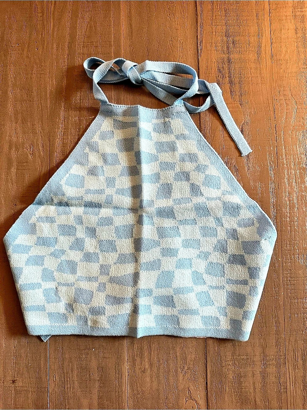 Forever 21 Checkered Sweater-Knit Halter Top Crop Top Blue & White